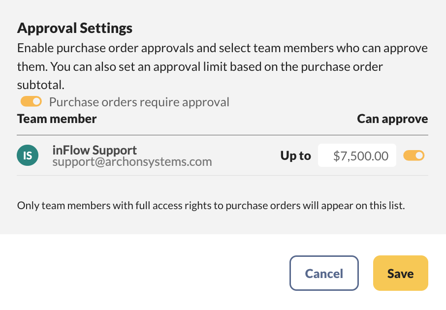 Editing the purchase order approval settings in inFlow.