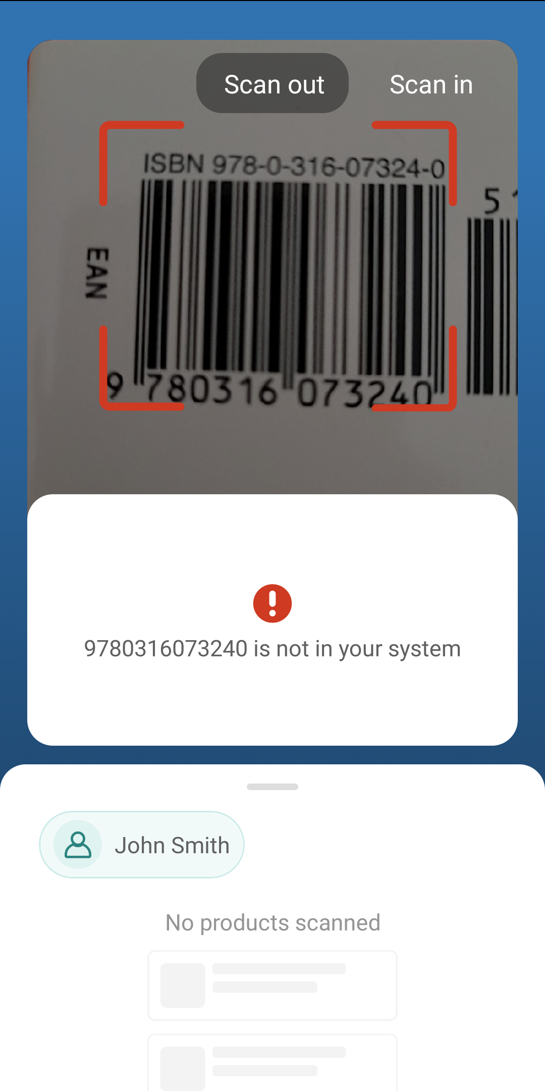 Product not found error in the Stockroom app.