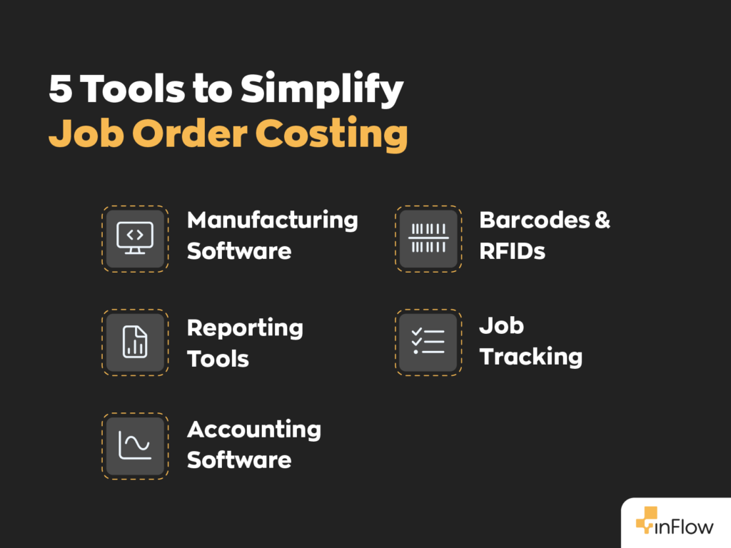 5 Tools to Simplify Job Order Costing:
1. Manufacturing Software
2. Barcodes & RFIDs
3. Reporting Tools
4. Job Tracking Cards
5. Accounting Software