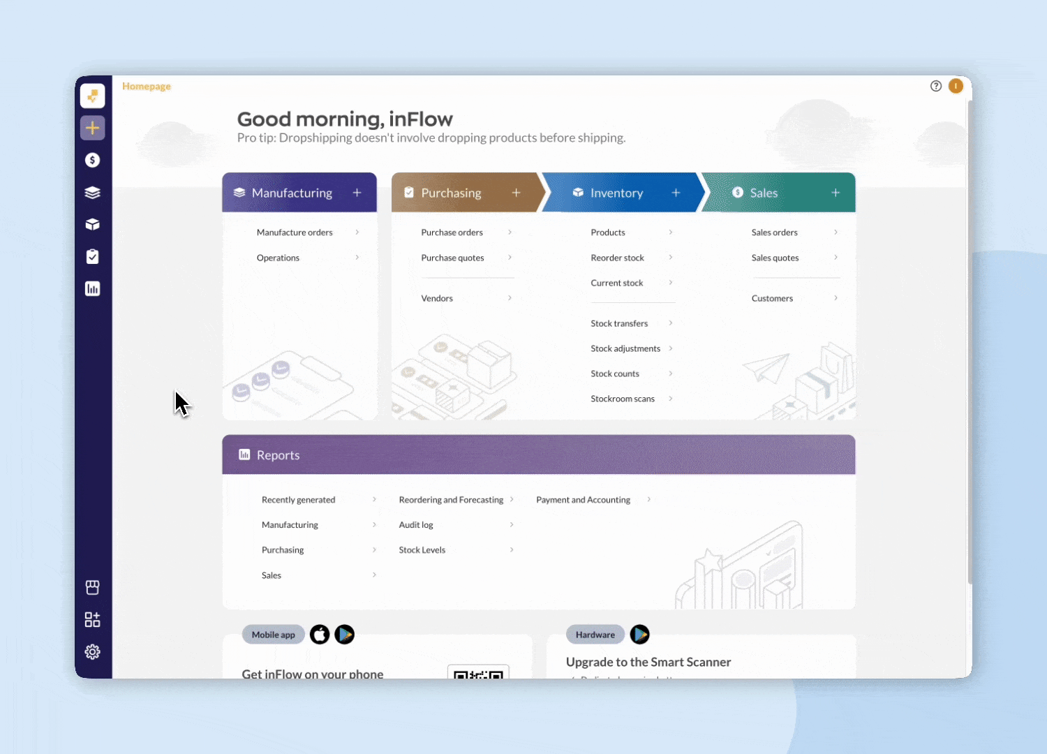 This animated image shows how to access manufacturing reports from inFlow Manufacturing.