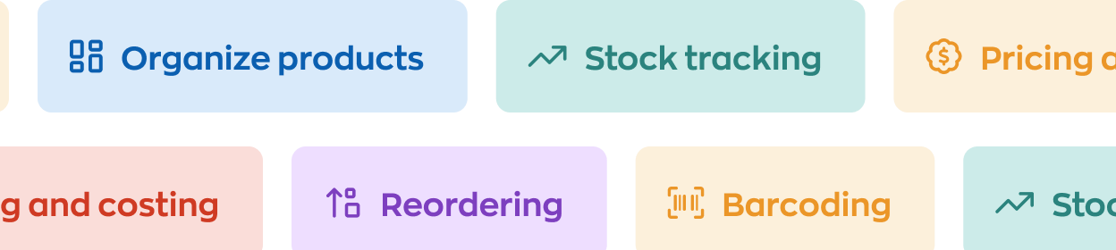 inFlow features: organize products, stock tracking, pricing and costing, reordering, and barcoding